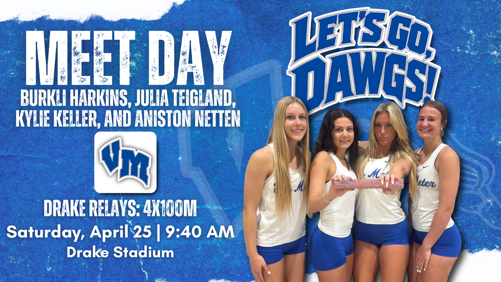 Four female athletes in blue and white uniforms holding a relay baton, promoting Drake Relays 4x100m event on April 25 at Drake Stadium.