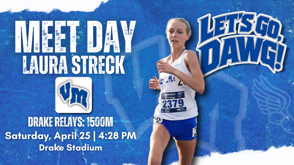 Female runner Laura Streck competing in the 1500m at Drake Relays, wearing bib number 2379 in blue and white uniform.