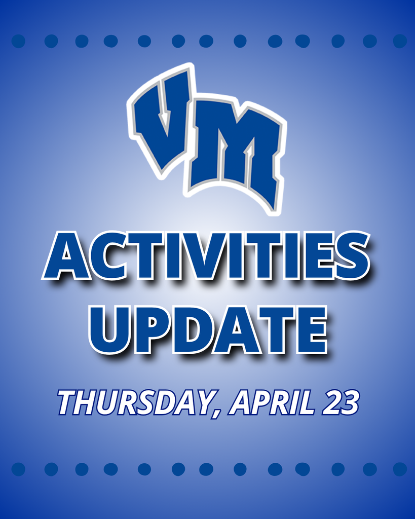 Blue background with bold VM logo and text announcing activities update for Thursday, April 23.