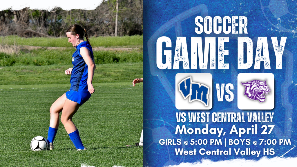 Female soccer player in blue uniform controlling the ball on a grassy field during a game day announcement.