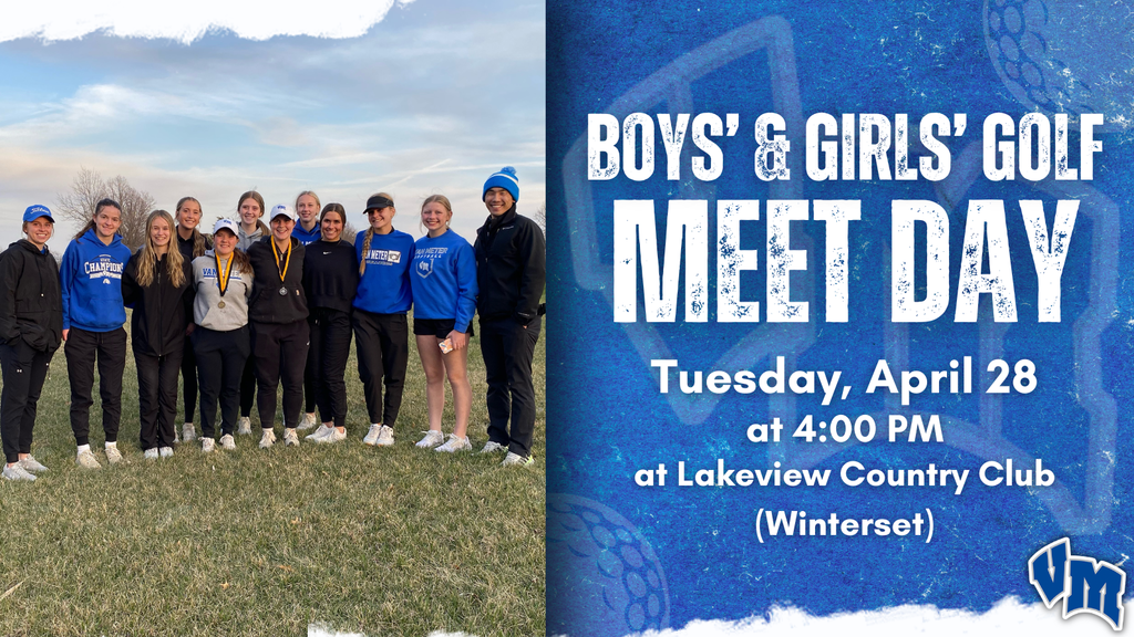 Group of boys and girls golf team members posing outdoors on grass under a partly cloudy sky.