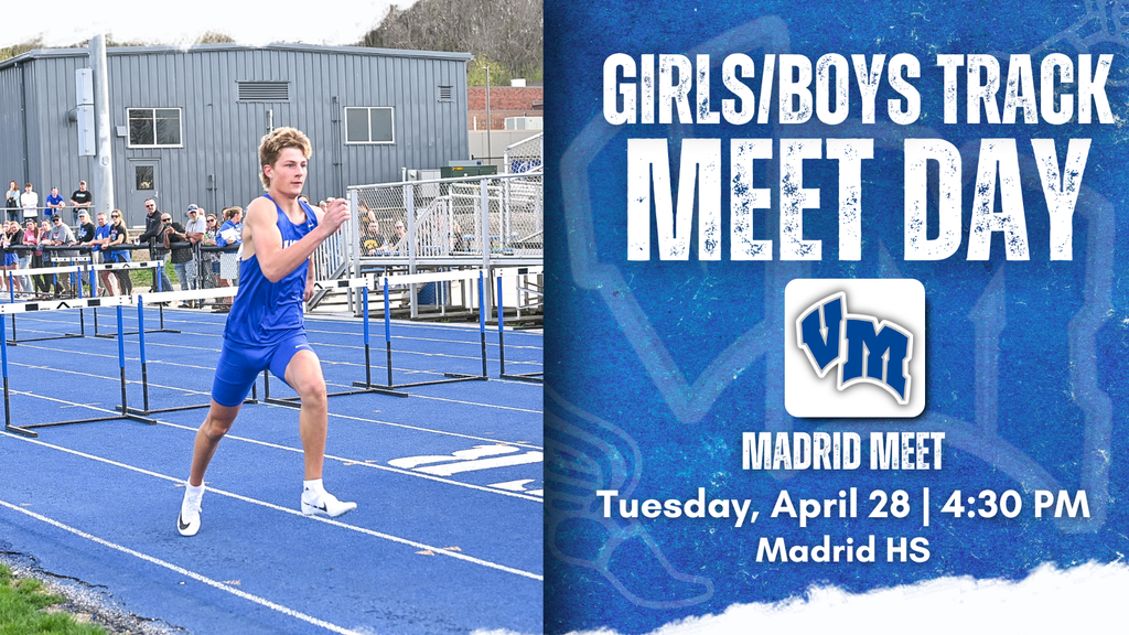 Male athlete sprinting on a blue track during a school track meet at Madrid High School.