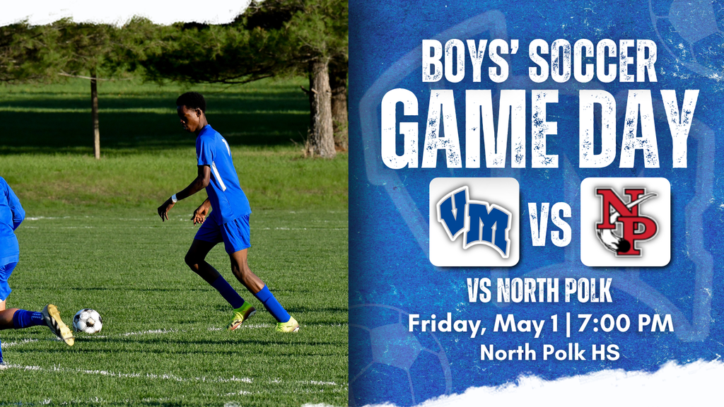 High school boys' soccer players in blue uniforms compete on a grassy field during a game day event announcement.