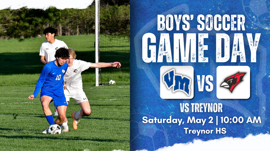Two high school boys soccer players competing for the ball on a sunny field during a match.