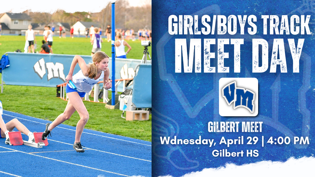 Young female athlete starting a sprint on a blue track during a school track meet at Gilbert High School.
