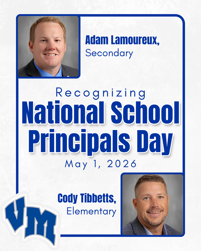 Graphic honoring National School Principals Day on May 1, 2026, featuring Adam Lamoureux and Cody Tibbetts with their roles noted.