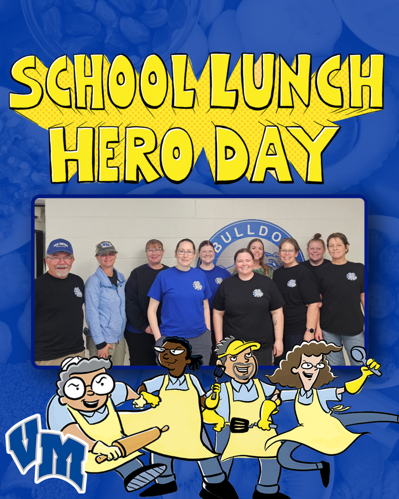 Group of school staff posing together for School Lunch Hero Day celebration at Bulldog school.