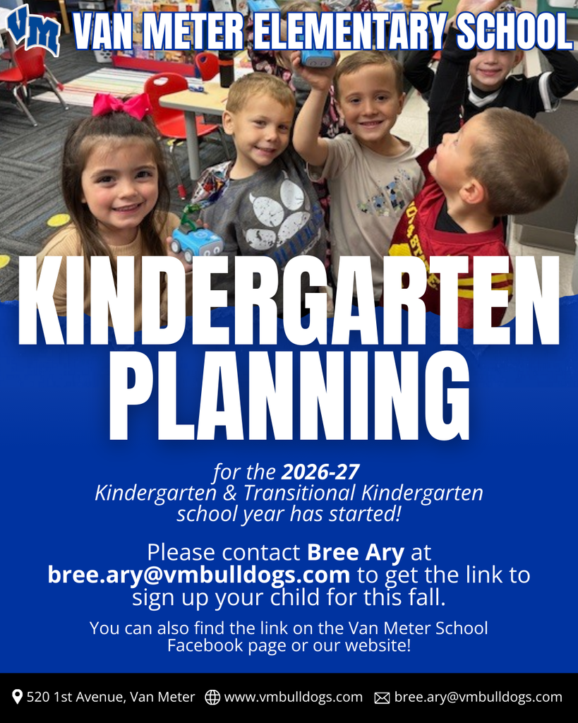 Group of young children playing and learning in a colorful kindergarten classroom at Van Meter Elementary School.
