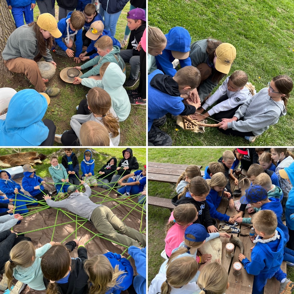 Children gathered outdoors engaging in hands-on activities involving natural materials and teamwork exercises.