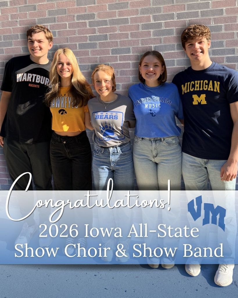 Five students standing side by side against a brick wall wearing various college and music-themed shirts, celebrating their 2026 Iowa All-State Show Choir and Show Band achievement.