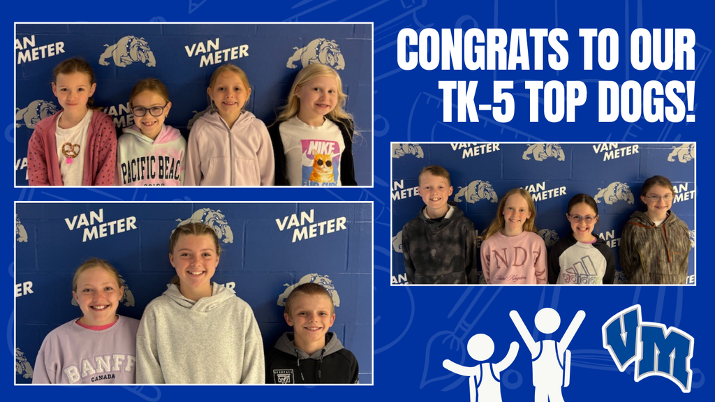 Group of young students posing in front of a Van Meter backdrop celebrating TK-5 top achievers.