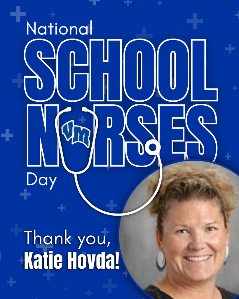 Blue graphic celebrating National School Nurses Day with a stethoscope and a thank you message to Katie Hovda.