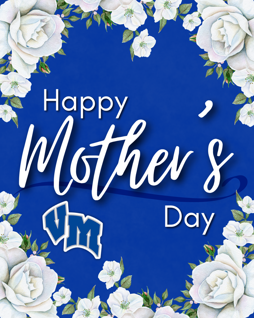 Blue Mother's Day greeting card with white roses and delicate blossoms framing the text.