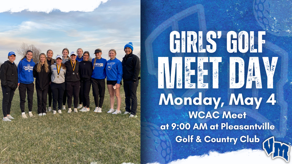 Girls' golf team posing outdoors on grass under a partly cloudy sky before their meet day event.