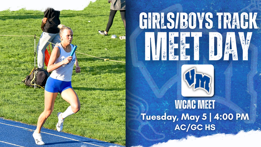 Female athlete running on a blue track during a girls/boys track meet event at WCAC on May 5 at 4 PM.