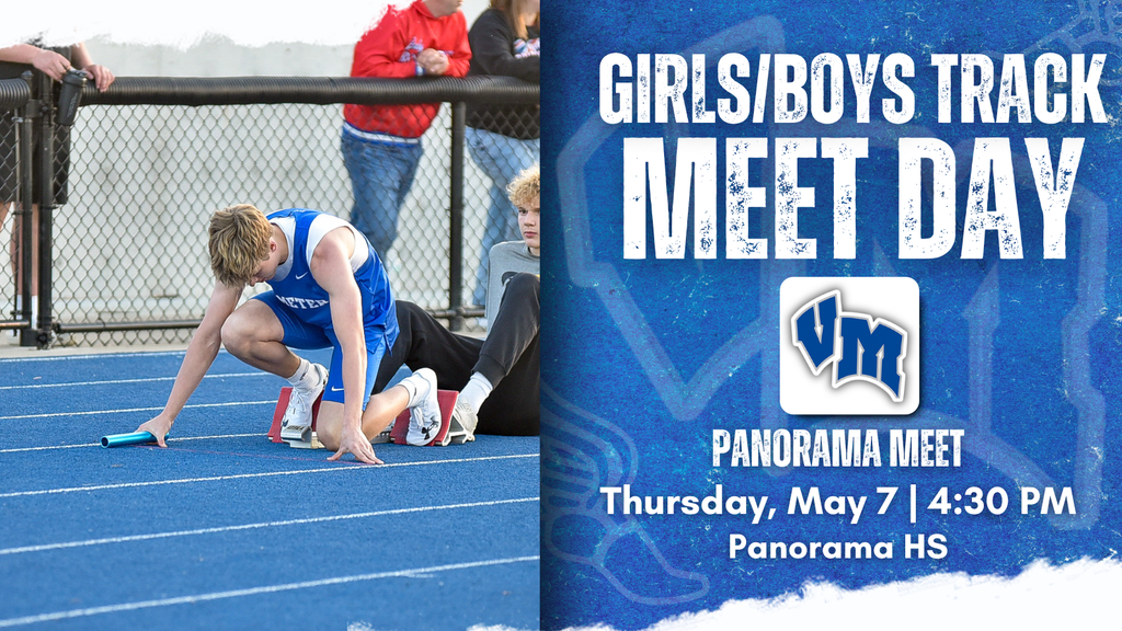 Athlete in blue uniform crouched at starting blocks on a blue track preparing for a race at Panorama High School meet.