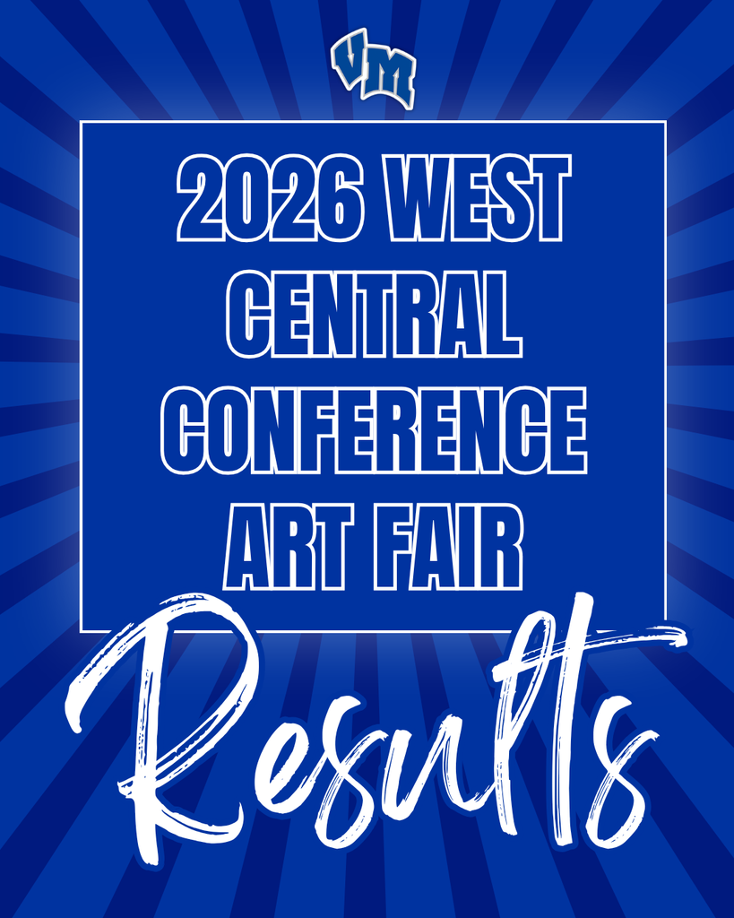 Blue graphic announcing the 2026 West Central Conference Art Fair results with bold white text and a radiant background.