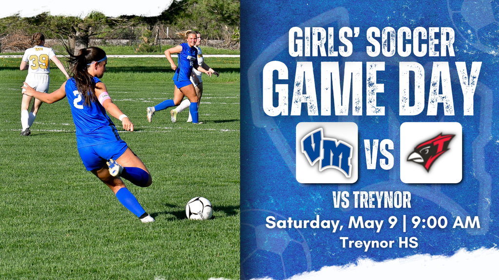 Female soccer player in blue kicking a ball during a game against Treyner, with game day details on the right side of the image.