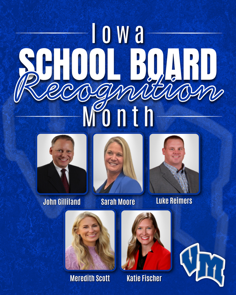 Graphic celebrating Iowa School Board Recognition Month with portraits of John Gilliland, Sarah Moore, Luke Reimers, Meredith Scott, and Katie Fischer.