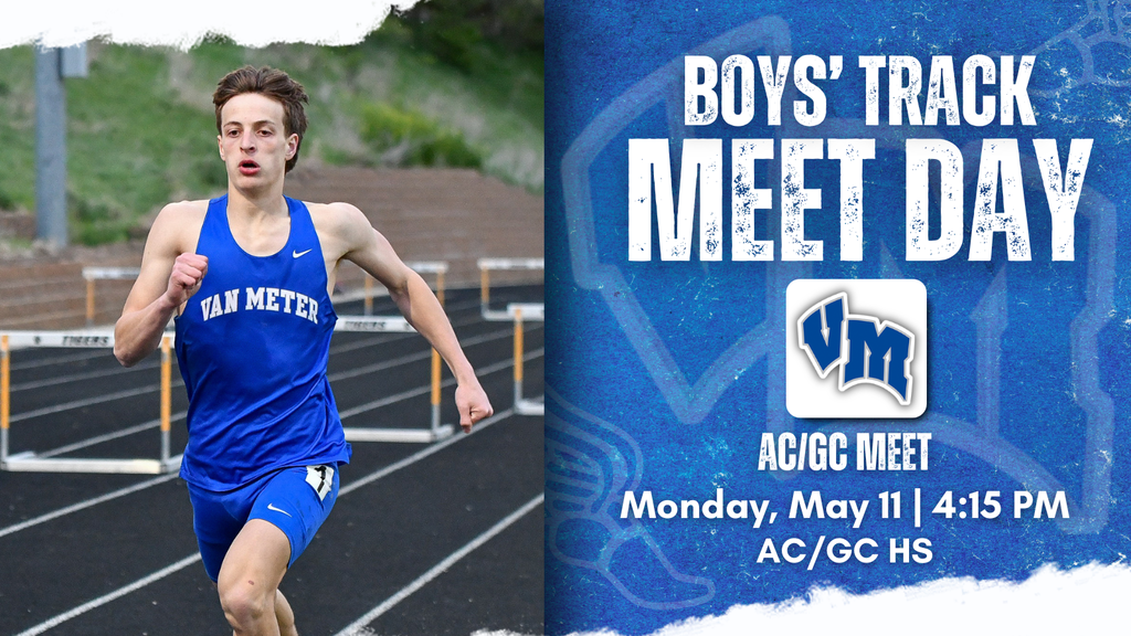 Male athlete in blue Van Meter uniform sprinting on a track during a boys' track meet event.