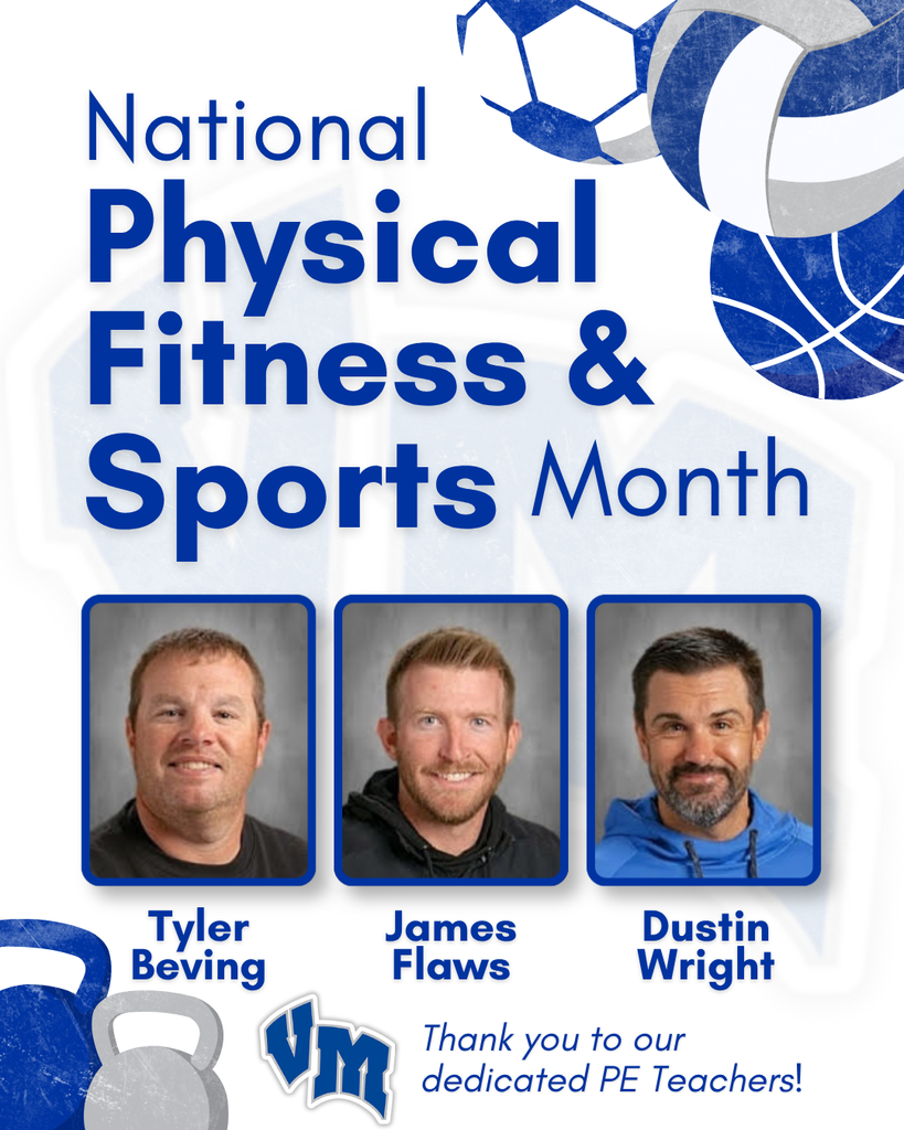 Graphic celebrating National Physical Fitness & Sports Month featuring portraits of PE teachers Tyler Beving, James Flaws, and Dustin Wright with sports equipment illustrations.