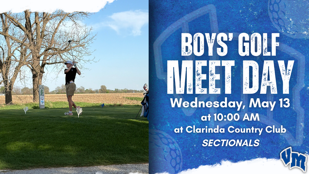 Boy swinging golf club on green field with leafless trees under blue sky during Boys' Golf Meet Day event announcement.