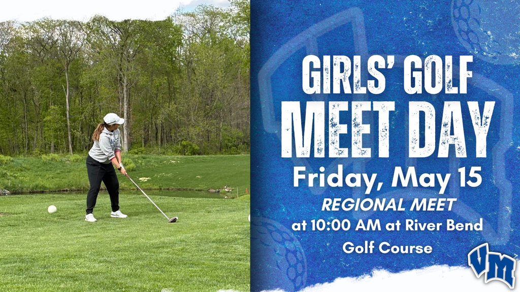 Girl golfer preparing to swing on a green golf course with trees in the background during a regional meet announcement.