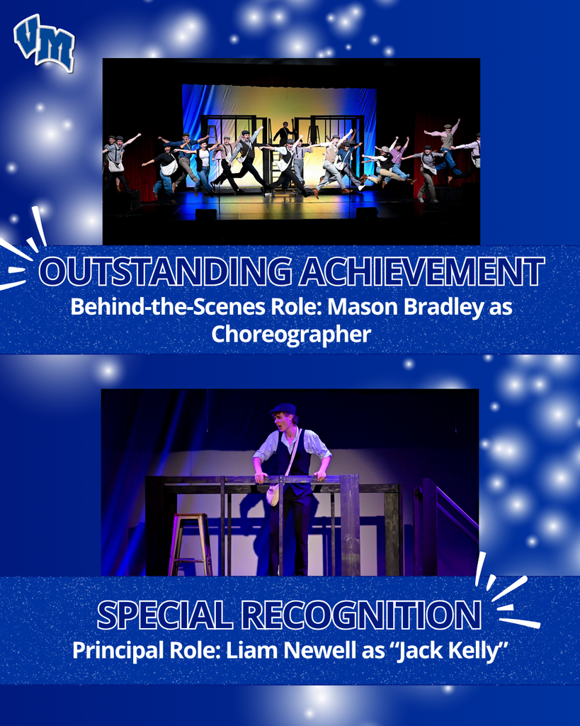 Blue awards graphic featuring dancers leaping across the stage to recognize Mason Bradley for choreography and Liam Newell as Jack Kelly performing on an elevated set piece. Text highlights “Outstanding Achievement” and “Special Recognition.”