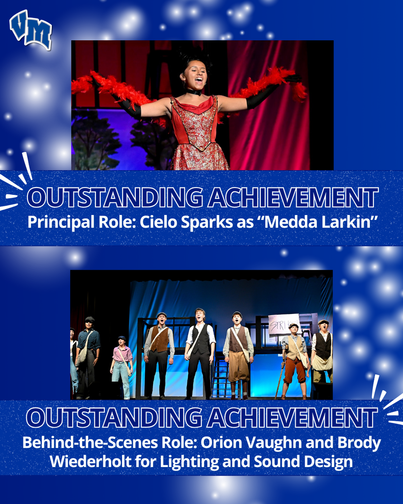Blue awards graphic featuring Cielo Sparks as Medda Larkin singing in a red sequined costume and a cast performance recognizing Orion Vaughn and Brody Wiederholt for lighting and sound design achievements.