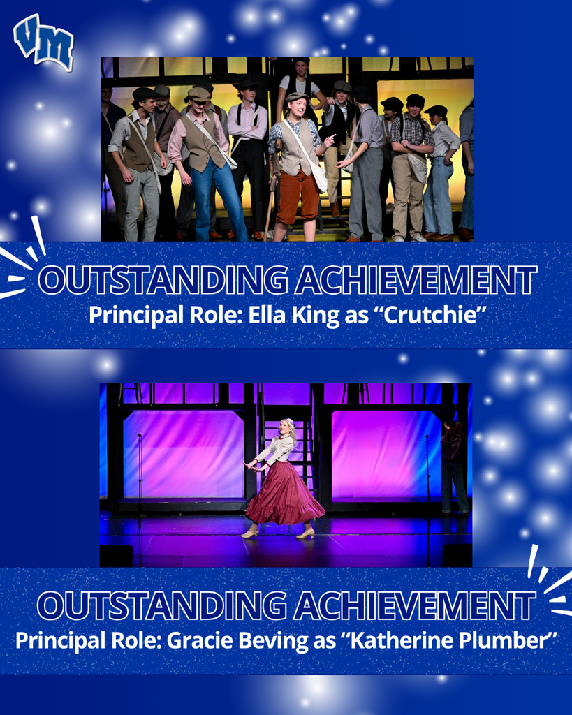Blue awards graphic featuring Ella King as Crutchie in a group scene and Gracie Beving as Katherine Plumber performing solo under colorful lights. Text recognizes both for “Outstanding Achievement” in principal roles.