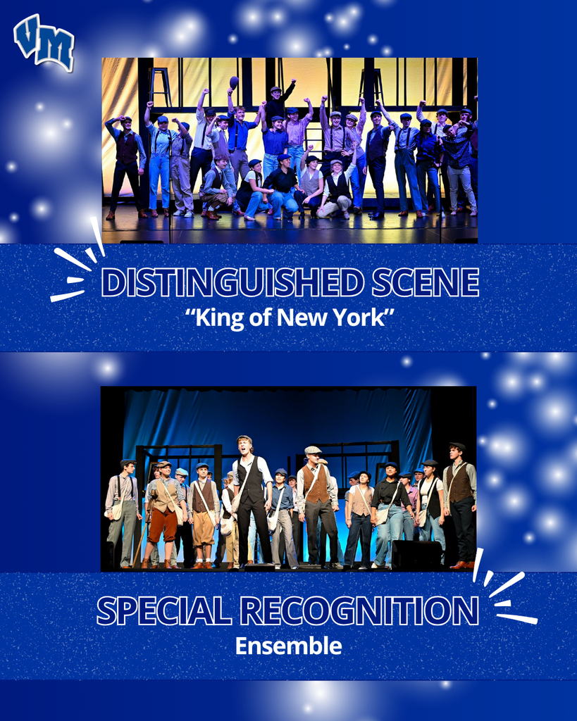 Blue awards graphic featuring two stage photos from Newsies: a large cast celebrating during “King of New York” and the ensemble performing onstage. Text reads “Distinguished Scene” and “Special Recognition Ensemble.”