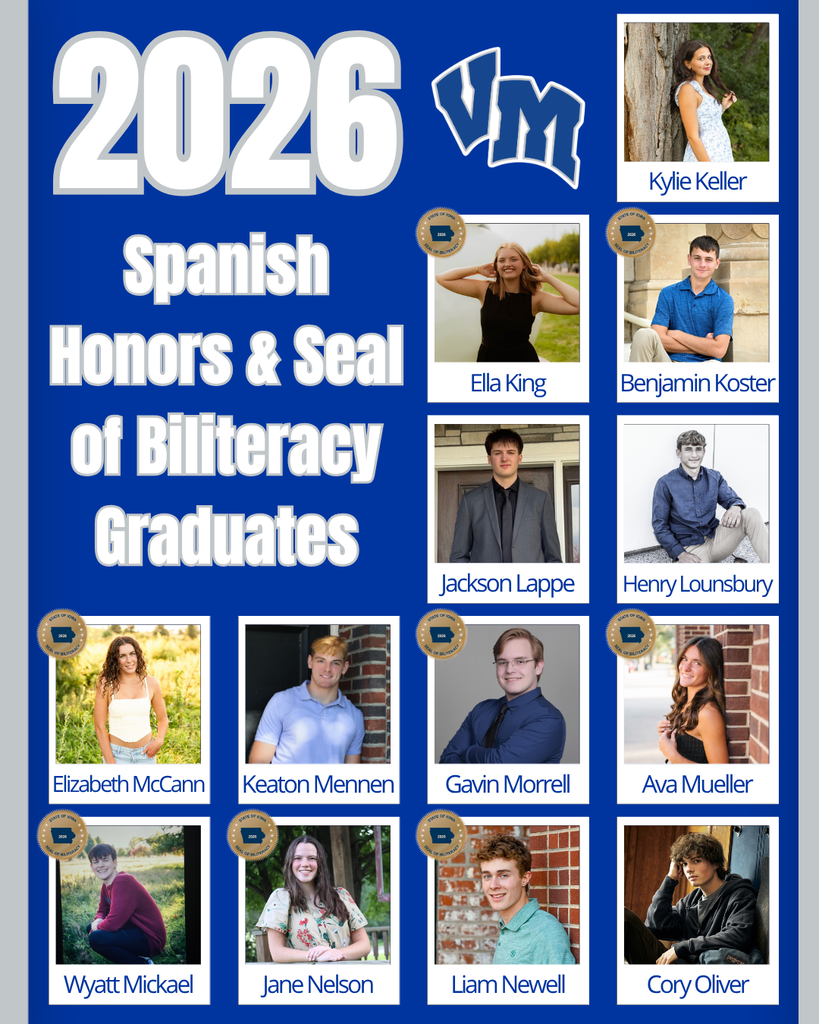 Portraits of the 2026 Spanish Honors & Seal of Biliteracy graduates from VM, featuring twelve students with their names and school logo on a blue background.