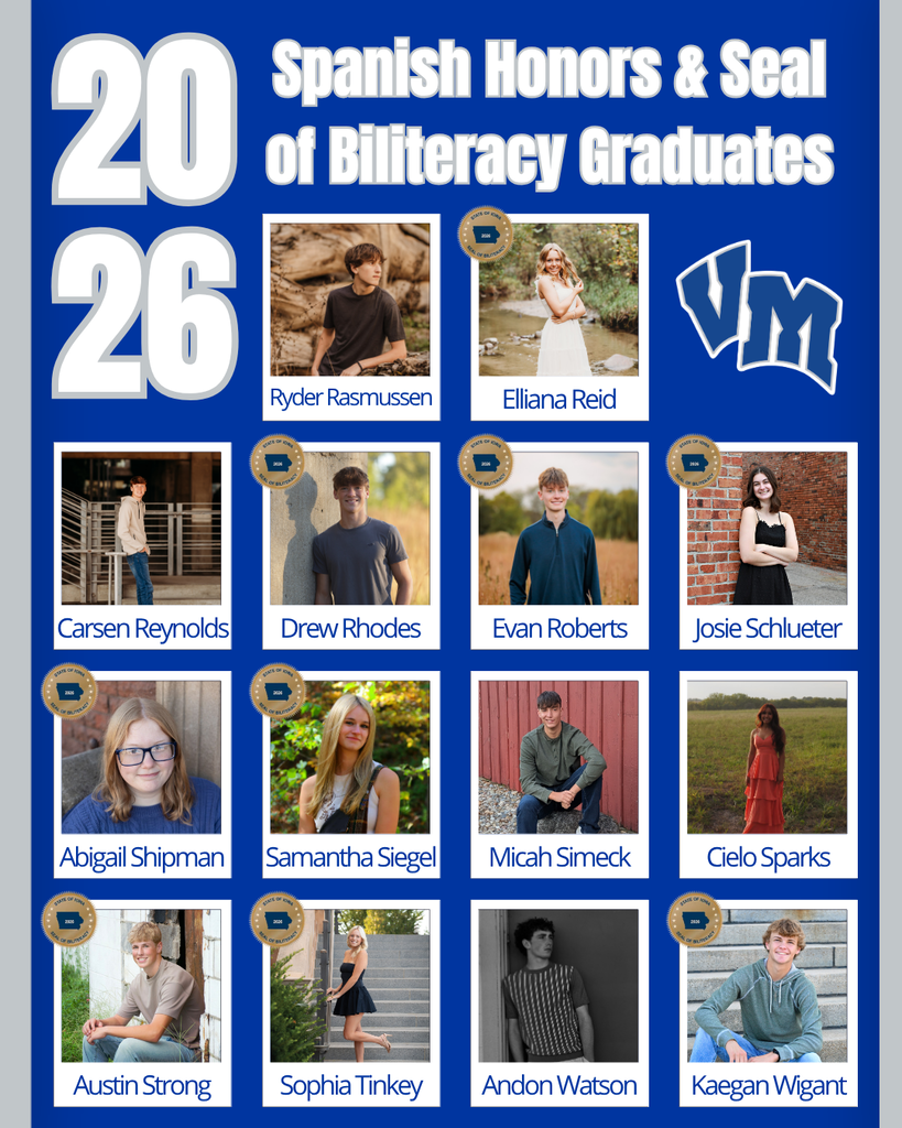 Collage of 2026 Spanish Honors and Seal of Biliteracy graduates with individual portraits and names on a blue background.