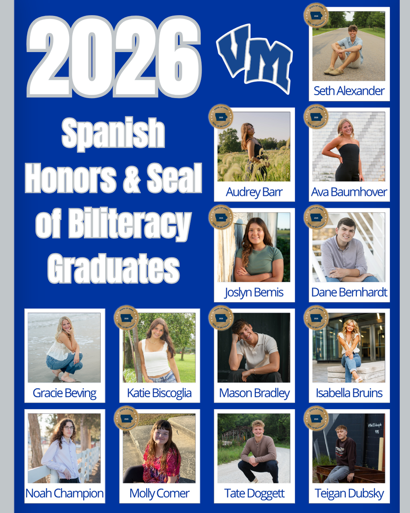 Collage of 2026 Spanish Honors & Seal of Biliteracy graduates with individual portraits and names on a blue background.