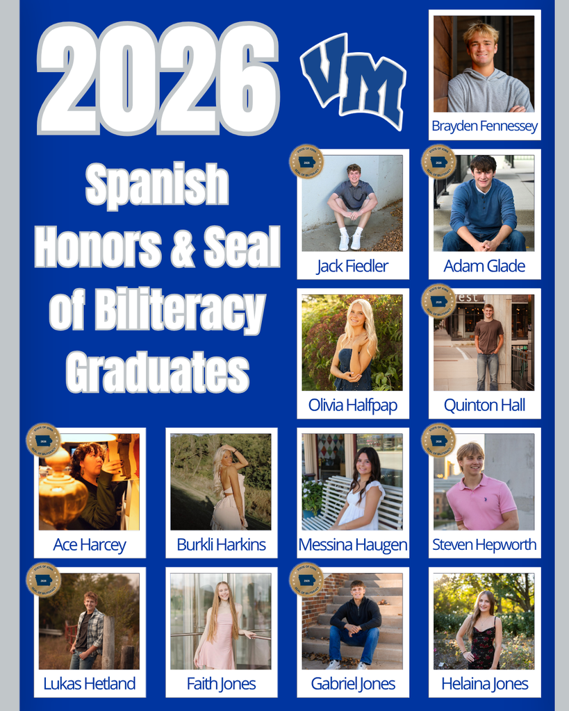 2026 Spanish Honors and Seal of Biliteracy graduates with individual portraits and names on a blue background featuring the VM logo.