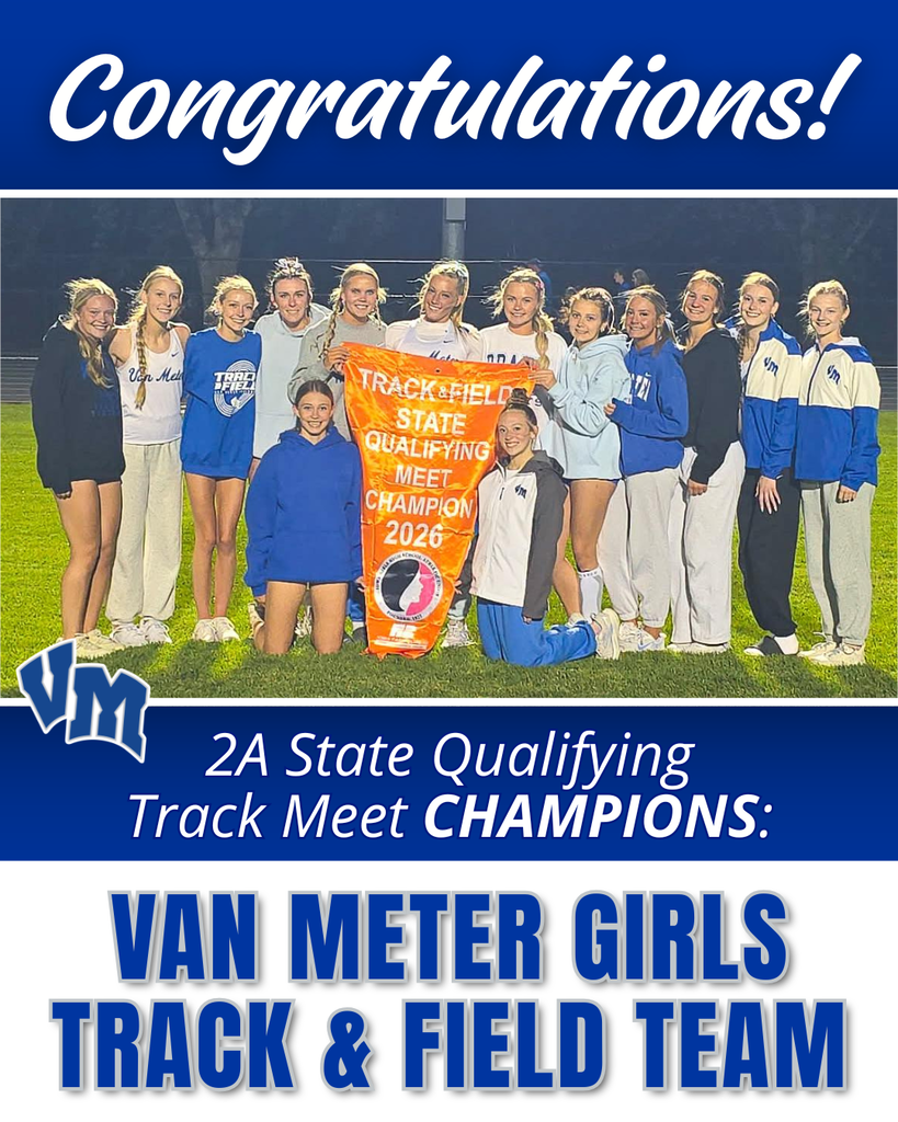 Van Meter girls track and field team posing on grass with 2026 state qualifying meet champion banner at night.