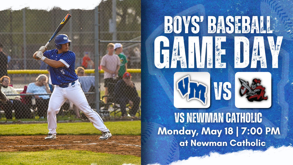 High school baseball player in blue uniform prepares to bat during a game at Newman Catholic field.