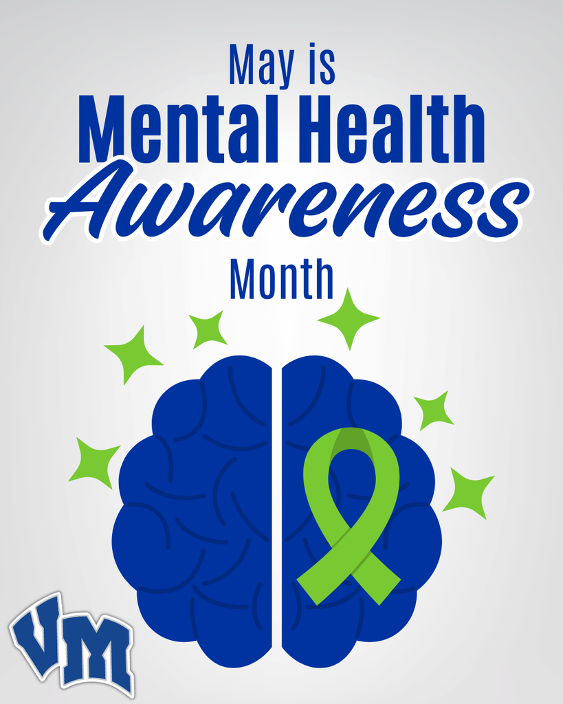 Blue brain illustration with a green ribbon and stars, highlighting May as Mental Health Awareness Month.
