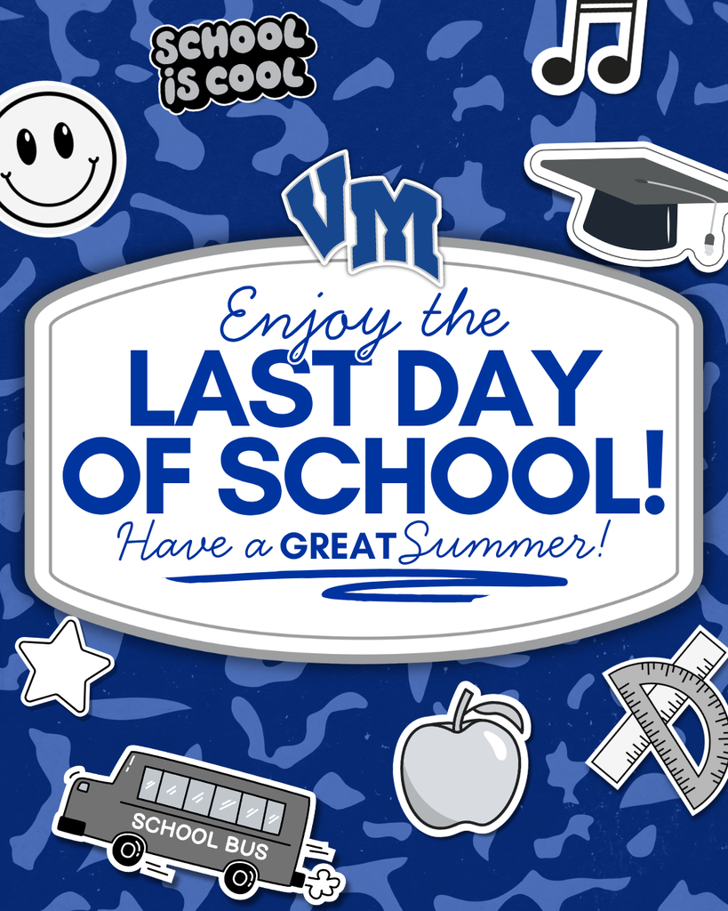 Blue-themed graphic celebrating the last day of school with school-related icons like a bus, apple, and graduation cap.