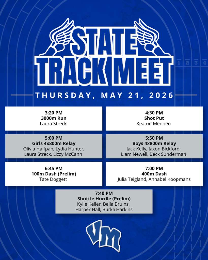 Schedule for the State Track Meet on May 21, 2026, listing events from 3:20 PM 3000m run to 7:40 PM shuttle hurdle prelim with athlete names.
