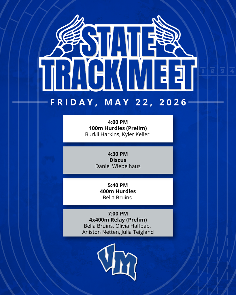 Schedule for the State Track Meet on May 22, 2026, listing events and participants with a blue track background.