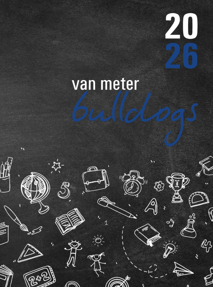 2026 Van Meter Bulldogs school-themed design with white and blue text on a blackboard background featuring chalk-drawn educational icons.