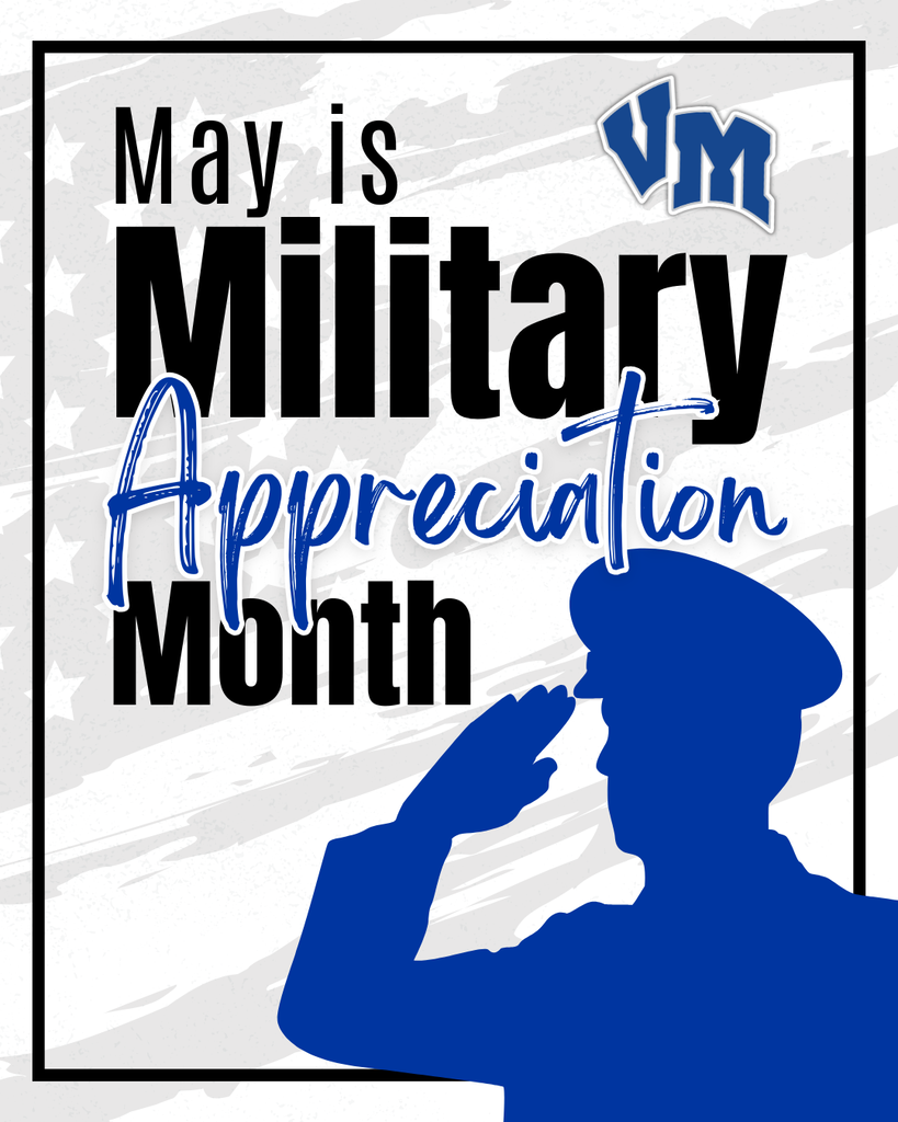 Silhouette of a saluting soldier with text honoring May as Military Appreciation Month in bold black and blue letters.