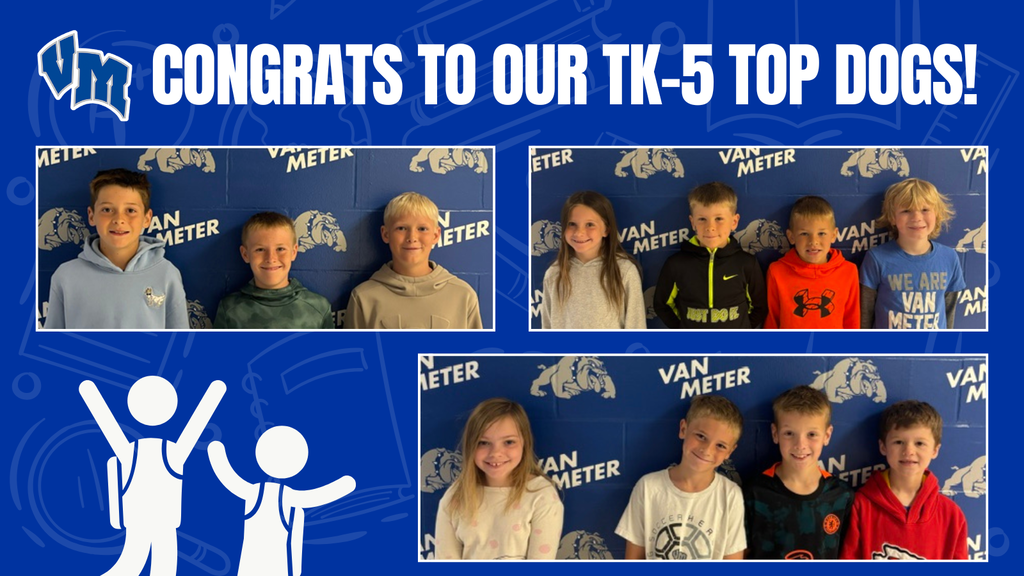 Three groups of TK-5 students posing in front of a Van Meter backdrop celebrating top academic achievers.