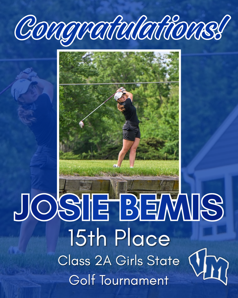 Female golfer Josie Bemis swings her club on a lush green course, celebrating 15th place in the Class 2A Girls State Golf Tournament.