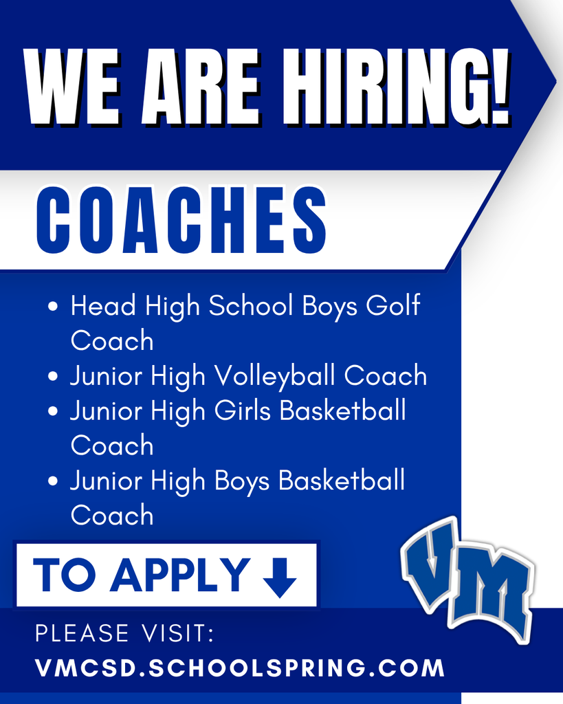 Blue and white hiring notice for coaches including high school boys golf and junior high volleyball and basketball positions.