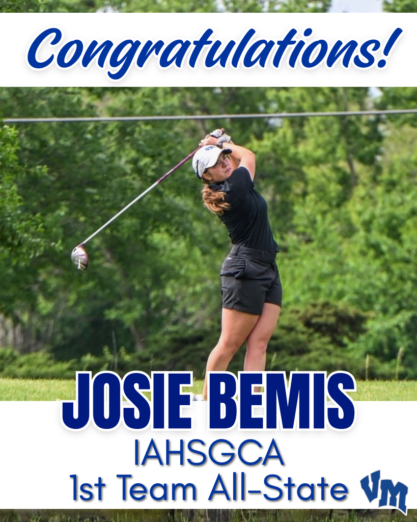 Female golfer Josie Bemis swinging a golf club on a lush green course, celebrating her 1st Team All-State honor.