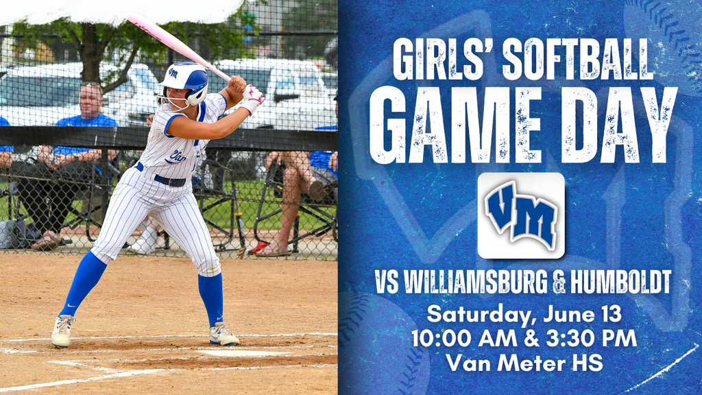 Girl softball player in blue and white uniform preparing to swing at pitch during game day at Van Meter High School.
