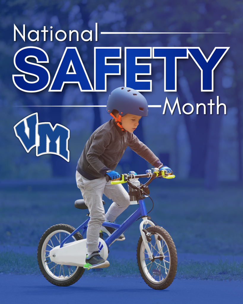 Child wearing a helmet and gloves riding a blue bicycle outdoors, emphasizing National Safety Month awareness.