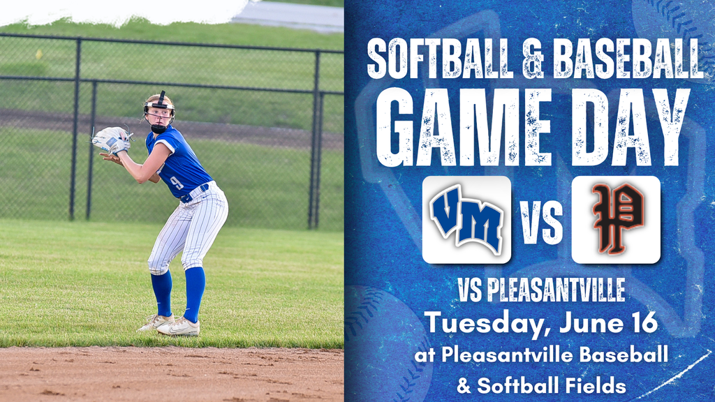Softball player in blue uniform ready to catch a ball on a field with a game day announcement for Pleasantville vs VM on June 16.